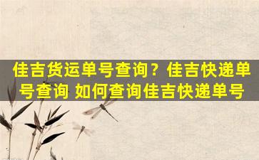 佳吉货运单号查询？佳吉快递单号查询 如何查询佳吉快递单号